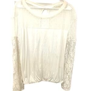 Haute Society Sheer Blouse XL Ivory Lace Sleeves Mesh Lined Elegant Fairy Soft